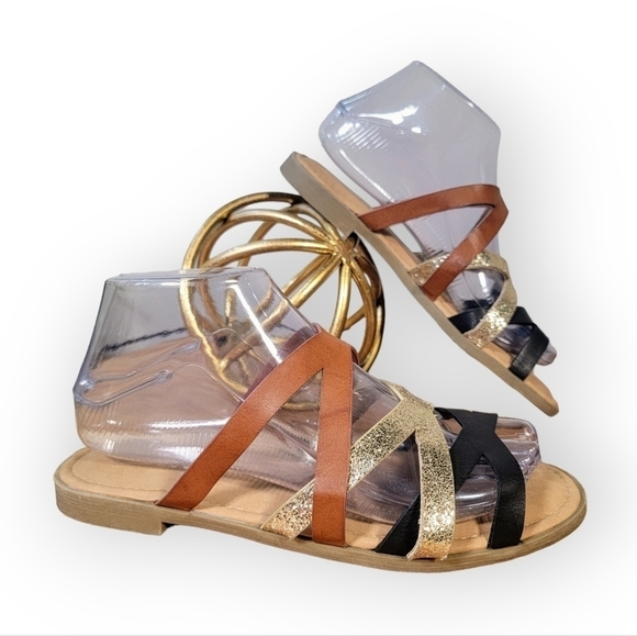 Rouge Helium Tricolor Slide Sandals Black Gold Brown Size 7 - Picture 1 of 17